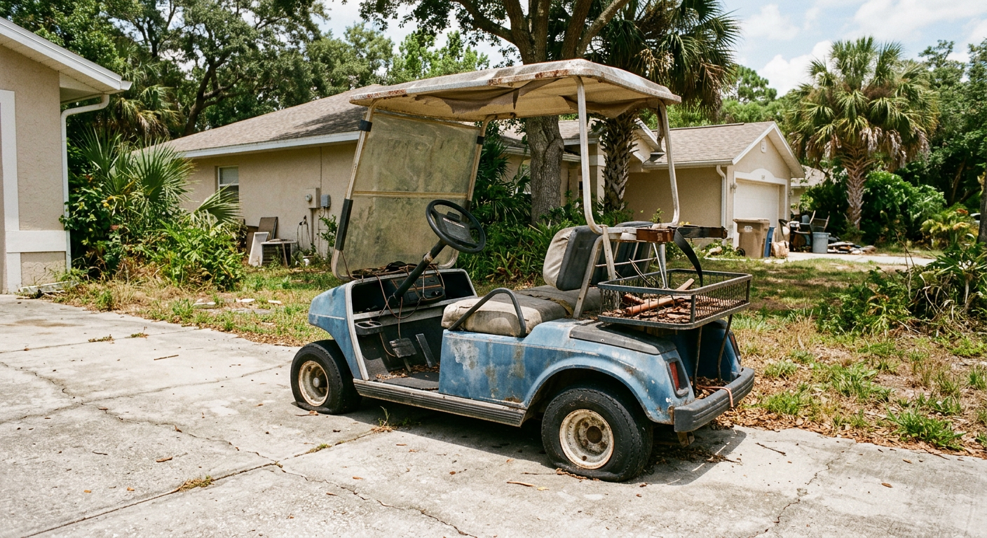 A non-running project golf cart in an Ocala driveway